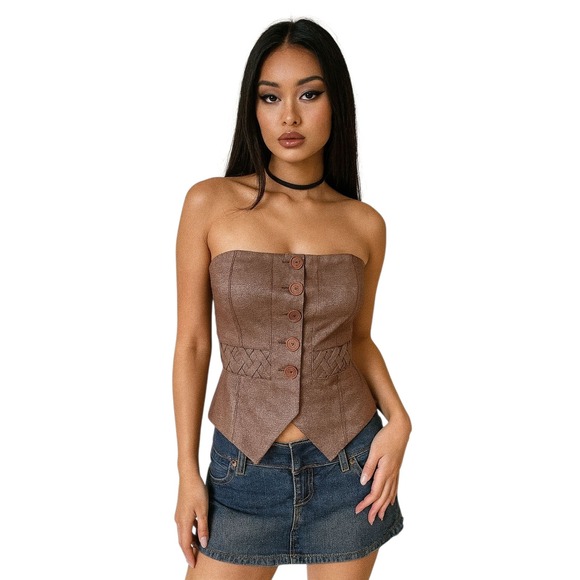 Vintage Y2K Bebe 4 Mauve Brown Strapless Button Down‎ Front Bustier Corset Top - Picture 1 of 11
